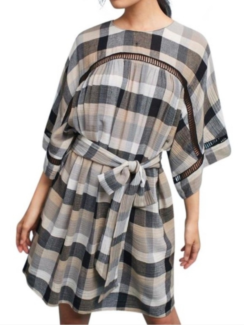 Maeve Anthropologie Plaid Kimono Tie-Waist Tunic Dress Boho Cottagecore Mini XS